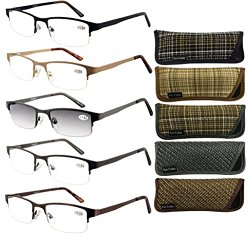 Eyecedar Metal Half-Frames Reading Glasses Men 5-Pack Spring Hinges Stainless Steel Material Frames Included 5-Cloth Pouch And Sun Readers Glasses +2.00