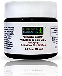“Cucumber Delight” ANTI AGING EYE GEL with 5.0% VITAMIN C & 70% Organic Ingredients Incl. Botanical Hyaluronic Acid, 1.0 (30 ml) Glass Jar, NO SULFATES, PARABENS, or ANIMAL TESTING! The Best!