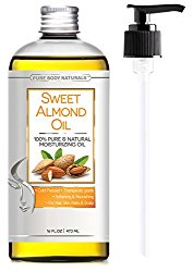 Sweet Almond Oil Triple AAA+ Grade Quality For Hair For Skin and For Face – 100% Pure from Spain – Cold Pressed – 16 fl oz by Pure Body Naturals