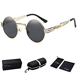 Dollger John Lennon Round Sunglasses Steampunk Metal Spring Frame Mirror Lens (Black Lens+Gold Frame)