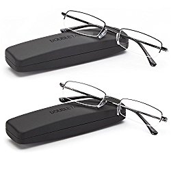 DOUBLETAKE: 2 Pairs of Classic Spring Hinged Half Rim Reading Glass with Slim Hard Case for Men and Women