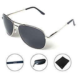 J+S Premium Military Style Classic Aviator Sunglasses, Polarized, 100% UV protection (Large Frame – Silver Frame/Black Lens)