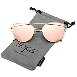 SojoS Cat Eye Mirrored Flat Lenses Street Fashion Metal Frame Women Sunglasses SJ1001 With Gold Frame/Pink Lens