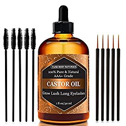 Pure Body Naturals Cold Pressed Castor Oil with Treatment Applicator Kit for Eyelashes/Eyebrows/Hair/Skin, 1 Fl. Oz.