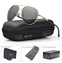 Mens Womens Sunglasses Aviator Polarized Driving by LUENX – UV 400 Protection Grey Green Lens Gold Metal Frame 60mm