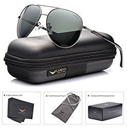 Mens Womens Sunglasses Aviator Polarized Driving Dark Green by LUENX – UV 400 Protection Plastic Lens Gun Metal Frame 60mm