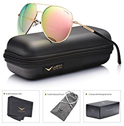 Womens Mens Sunglasses Aviator Polarized Pink Mirror by LUENX – UV 400 Protection Plastic Lens Metal Gold Frame 60mm