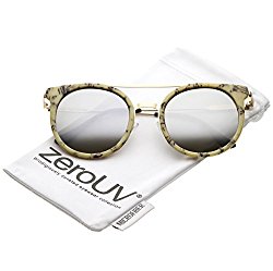 zeroUV – Modern Sleek Double Nose Bridge Round Color Mirrored Lens Horn Rimmed Sunglasses 51mm (Beige Gold / Silver Mir)