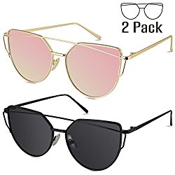 LIVHO G | Cat Eye Mirrored Flat Lenses Street Fashion Metal Frame Women Sunglasses (GOLD PINK+BLACK GRAY)