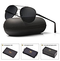 LUENX Men Women Aviator Sunglasses Polarized Non-Mirror Black Lens Black Metal Frame with Accessories UV 400 Protection 60MM