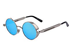 MERRY’S Gothic Steampunk Sunglasses for Women Men Round Lens Metal Frame S567(Silver&Blue, 46)