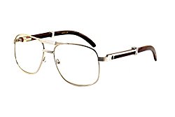 FBL Unisex Vintage Style Clear Lens Metal & Wood Feel Eyeglasses UV 400 Protection A071 (Silver/ Dark Brown)