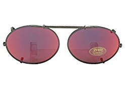 Oval Color Mirror Gray Lens Non Polarized Clip On Sunglasses (Pewter-Red Mirror Gray Lens, 51mm Width x 37mm Height)