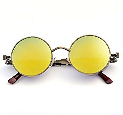 Steampunk Gothic John retro Sunglasses for Men Women Metal Frame Round Lens … (Yellow Lens/Gold Frame)