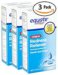 Equate Redness Reliever Sterile Eye Drops 0.5oz Dropper Bottle 3 Pack. Lubricant Gives Long Lasting Relief for Burning, Itching, & Dryness Fast! Cures Red Eyes with Active Ingredient Tetrahydrozoline.