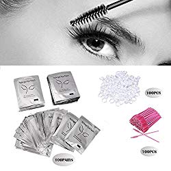 3×100 Packs- Under Eye Pads Lint Free Lash Extension Eye Gel Patches & Eyelash Mascara Brushes Wands Applicator Makeup Brush (300pck)