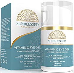 Vitamin C Eye Gel for Under Eye Bags Treatment Dark Circles Puffiness Wrinkles Crows Feet and Anti Aging Skin Care with Hyaluronic Acid Made in USA by SunBlessed Botanicals