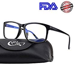 CGID CT12 Blue Light Blocking Glasses, Anti Glare Fatigue Blocking Headaches Eye Strain, Safety Glasses for Computer/Phone, Vintage Rectangle Black Frame,Transparent Lens