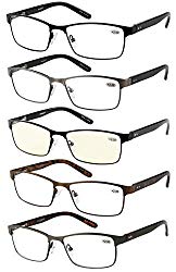 Eyecedar 5-Pack Reading Glasses Men Metal Frame Rectangle Style Stainless Steel Material Spring Hinges Includes Computer Readers +1.50