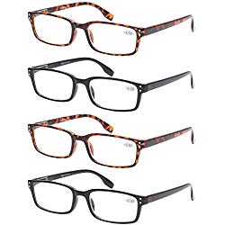 READING GLASSES 4 Pack Spring Hinge Comfort Readers Plastic Includes Sun Readers (2 Black 2 Tortoise, 1.50)