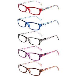 Reading Glasses 5 Pairs Fashion Ladies Readers Spring Hinge with Pattern Print Eyeglasses for Women (5 Pack Mix Color, 2.0)