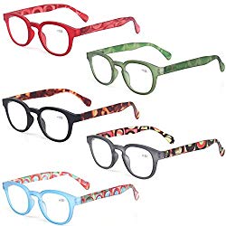 Reading Glasses Fashion Men and Women Readers Spring Hinge with Pattern Design Eyeglasses for Reading (5 Pack Mix Color, 2.0)