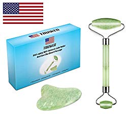 Jade Roller & Gua Sha Scraping Massage Tool By Truweo – Himalayan Anti-aging 100% Natural Facial Jade Stone Set – Face Eye Neck Beauty Roller For Slimming & Firming – Rejuvenate Skin & Remove Wrinkles
