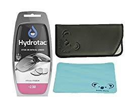 OPTX 20/20 Hydrotac Stick-On Bifocal Lenses | Magnifying Adhesive Reading Lens Sticker | Sunglass Magnifier Add On | 1 Pair | Bundle with Koala Glasses Cloth & Case, (+2.50 Magnification)