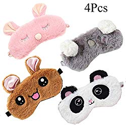 4 Pack Cute Animal Sleeping Sleep Mask Soft Plush Blindfold Cute Rabbit Panda Koala Eye Cover Eyeshade for Kids Teens Girls Women