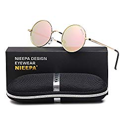 NIEEPA John Lennon Vintage Round Polarized Hippie Sunglasses Small Circle Sun Glasses (Pink Lens/Rose Gold Frame)