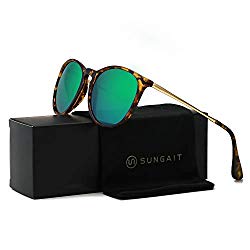 SUNGAIT Vintage Round Sunglasses for Women Classic Retro Designer Style (Amber Frame/Green Lens)