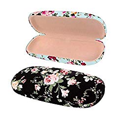 2 Pack Durable Floral Small Eyeglass Case Hard Protective Eye Case for Glasses (Black+Blue)