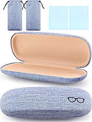 2 Pieces Hard Shell Eyeglasses Case Retro Portable Glasses Case with Cleaning Cloth and Drawstring Bag for Daily Using(Blue)