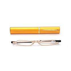 Easy Carry Mini Compact Slim Reading Glasses-Lightweight Portable Readers with w/Pen Clip Tube Case (Gold, 2.75)