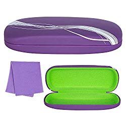 Hard Eyeglass Case, Floral Designed Protective Clamshell Holder for Glasses and Sunglasses, with Microfibre Cleaning Cloth – by OptiPlix (Purple Feather)