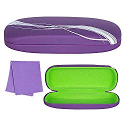 Hard Eyeglass Case, Floral Designed Protective Clamshell Holder for Glasses and Sunglasses, with Microfibre Cleaning Cloth - by OptiPlix (Purple Feather)
