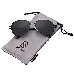 SOJOS Classic Aviator Mirrored Flat Lens Sunglasses Metal Frame with Spring Hinges SJ1030 with Black Frame/Grey Lens