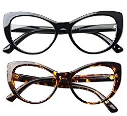 SOOLALA Womens Large Frame CatEye Prescription Glass Frame Reading Glasses, BkLeo, ClearLens