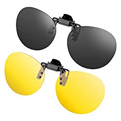 Splaks Round Clip-on Sunglasses, Unisex Round Polarized Frameless Round Clip on Sunglasses Night Driving Glasses Flip Up Prescription Sunglasses Polarized Eyeglasses (1 Sunglasses and 1 Night Glasses)