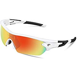 TOREGE Polarized Sports Sunglasses with 5 Interchangeable Lenes for Men Women Cycling Running Driving Fishing Golf Baseball Glasses TR002 (White&Black)