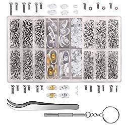 bayite Eyeglass Sunglass Repair Kit with Screws Nose Pads (4 Types, 8 Pairs) Tweezers Screwdriver 21 Types Tiny Micro Screws 1000Pcs Assortment Stainless Steel Screws for Spectacles Watch