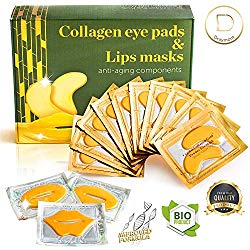 Eye Mask – Lip Mask – Eye Pads – Dry Eye Mask – Gel Eye Mask – Eye Gel Pads – 10 Pairs Gel Eye Pads + 3 Collagen Lips Mask – 24K Gold Under Eye Mask – for Dark Circles Puffy Eyes Wrinkles and Dry Lips