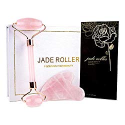 BAIMEI Jade Roller, Rose Quartz Roller & Gua Sha Set, Facial Roller Beauty Massage Tool, for Face, Neck and Body Muscle Relaxing and Stimulating Blood Flow, Relieve Fine Lines and Wrinkles