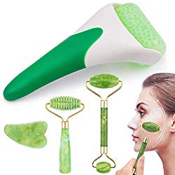 EAONE 4 in 1 Ice Roller Jade Roller Eyes Facial Massage Kits Skin Roller for Face Eyeball Neck Massage (1 Pc Ice Roller, 1Pc Double Head Jade Roller, 1Pc Single Head Jade Roller, 1Pc Gua Sha Tool)