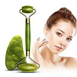 Jade Roller and Gua Sha Massage Tool for Face Neck Body , Natural Jade Stone Set for Slimming and Firming Skin ,Facial Roller for Rejuvenate Skin and Reduce Wrinkles Aging