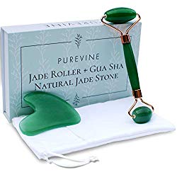 Jade Roller for Face and Gua Sha Scraping Tool Kit with Carry Pouch – Natural Stone Anti Aging Beauty Facial Massage Set – Beautiful Skin Detox Helps Reduce Wrinkles, Puffy Eyes, Fine Lines