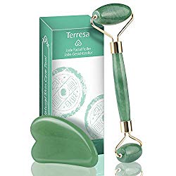 Jade Roller for Face, Terresa Facial Roller Massager with Gua Sha Scraping Tool, Eye Treatment Roller Natural Anti-aging, Skin Tightening, Rejuvenate Face and Neck, Remove Wrinkles & Puffiness (Green)