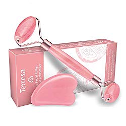 Jade Roller for Face, Terresa Rose Quartz Roller with Gua Sha Scraping Tool, Eye Treatment Roller Natural Anti-aging, Skin Tightening, Rejuvenate Face and Neck, Remove Wrinkles & Puffiness (Rose)