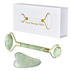 Jade Roller Gua Sha Set-2019 UPGRADED Facial Roller Massager Body Eyes Neck Massager Tool for Eye Puffiness,Anti Aging Release Pressure-100% Original Natural Jade Stone