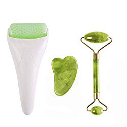 3 in 1 Ficial Face Ice Jade Roller and Gua Sha Tool, 100% Natural Real Jade Anti-Wrinkle Face Eye Neck Massager Tool, Reduce Wrinkles, Puffiness, Migraine, Redness, Pain and Minor Injury